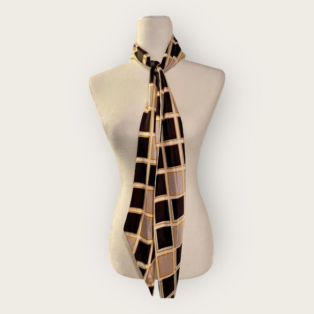 Vintage-Inspired Brown & Gold Geometric Patterned Silk Scarf